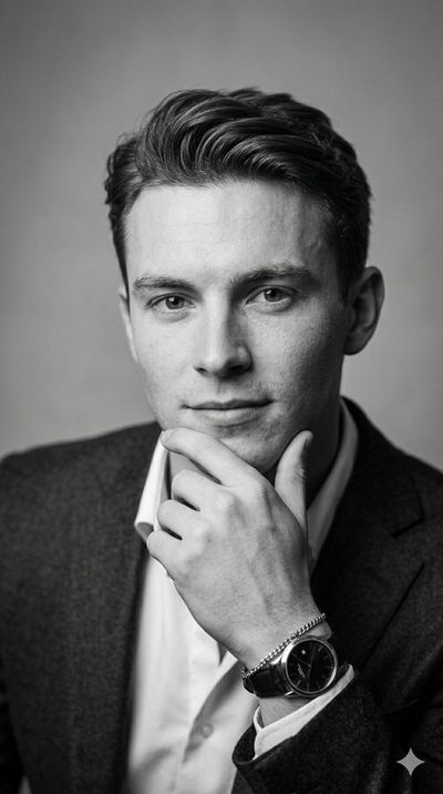 A confident man in a dark blazer looks directly at the camera