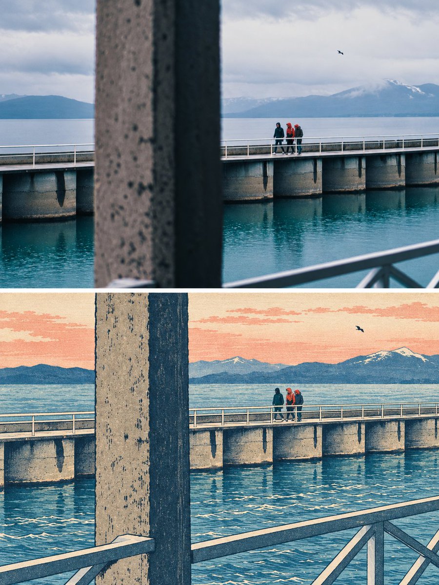 Coastal Bridge Reimagined as Ukiyo-e Woodblock Print with Modern Flair