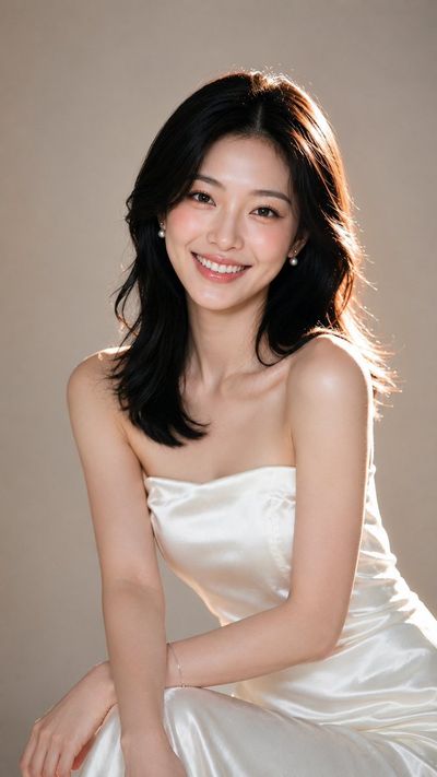 East Asian woman smiles radiantly in soft studio portrait