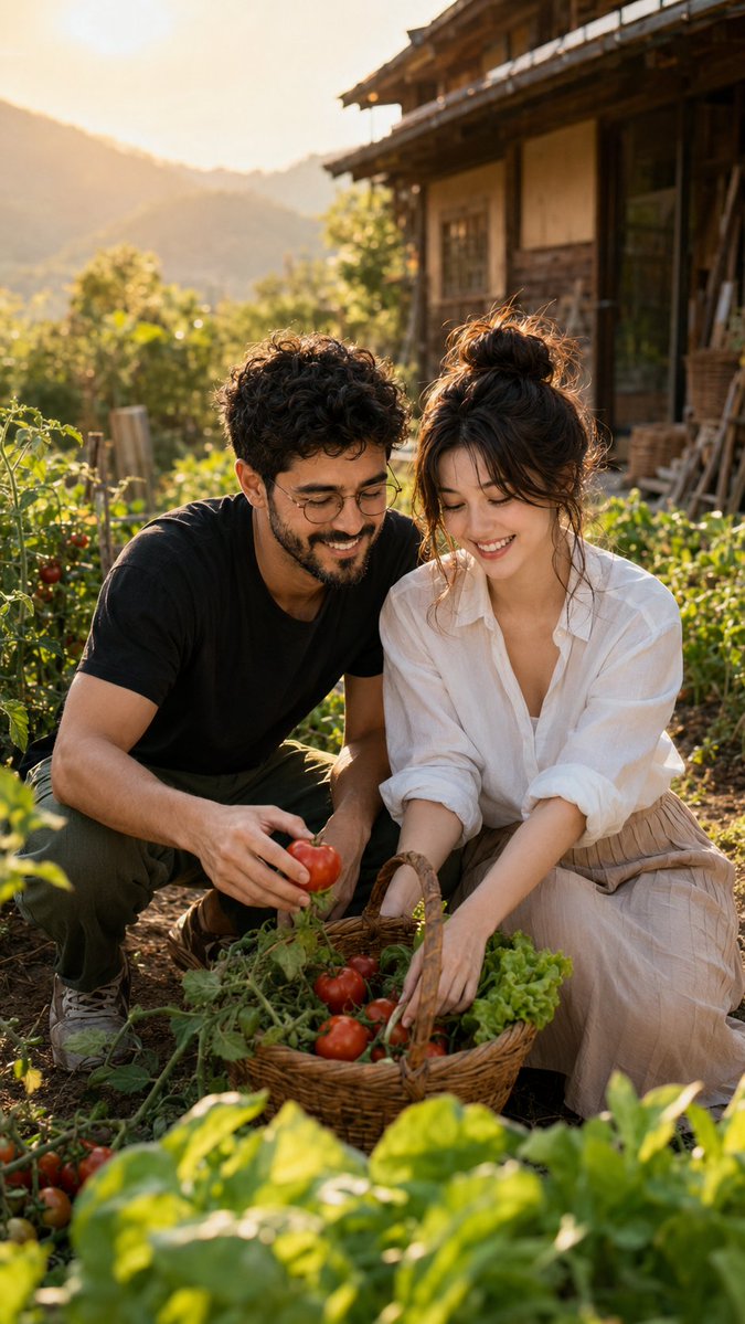A young couple harvest fresh vegetables in golden sunlight by a rustic farmhouse