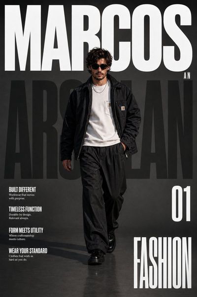 A stylish male model walks confidently in dark charcoal workwear