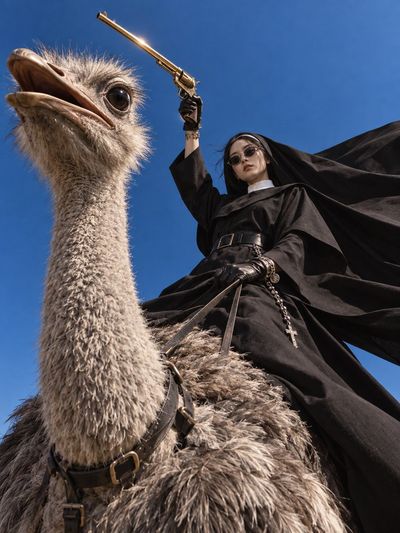 Nun Rides Ostrich Holding Gold Revolver in Surreal Western Sky