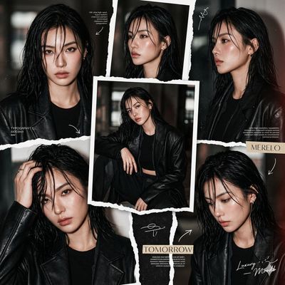 Woman with wet black hair poses in torn-paper collage frames.
