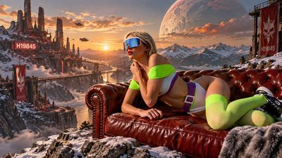Model Lounges on Red Sofa Overlooking Futuristic Mountain City