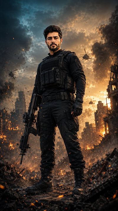 A confident warrior stands amid a destroyed urban warzone