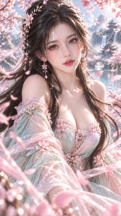Oriental Fantasy Beauty Surrounded by Cherry Blossoms in Spring Lake Portrait