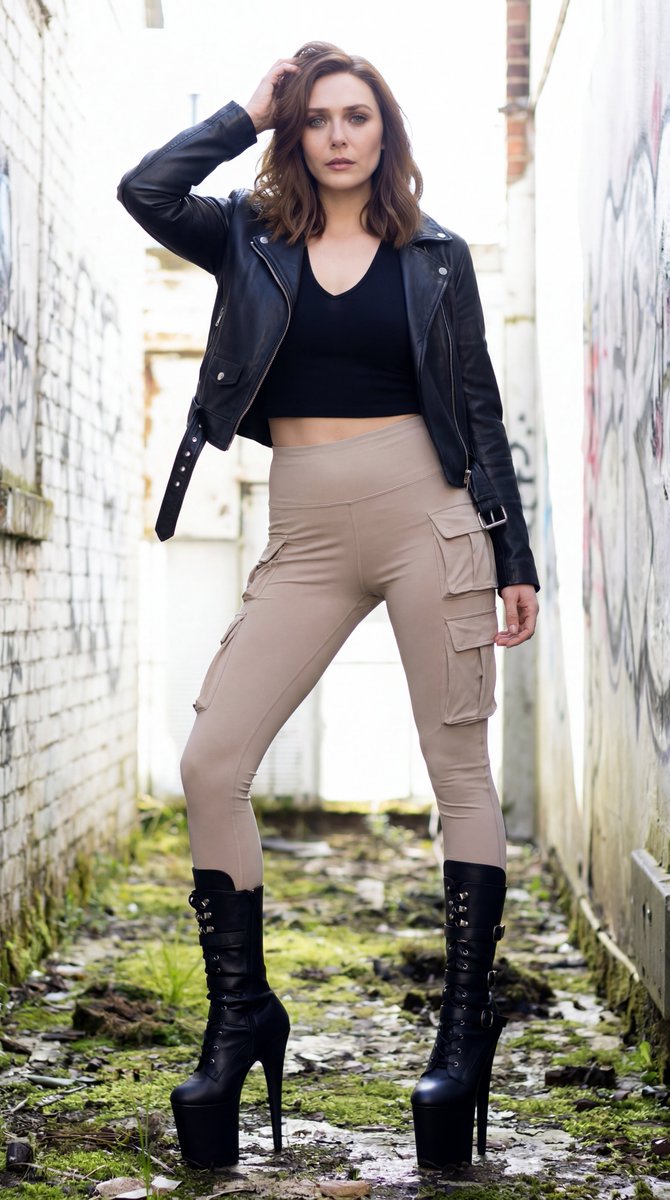 Red-haired woman in leather jacket stands confidently in sunlit alley