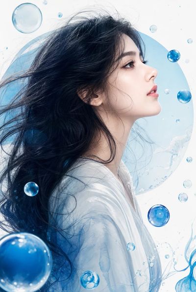 Elegant woman with flowing black hair and blue spheres