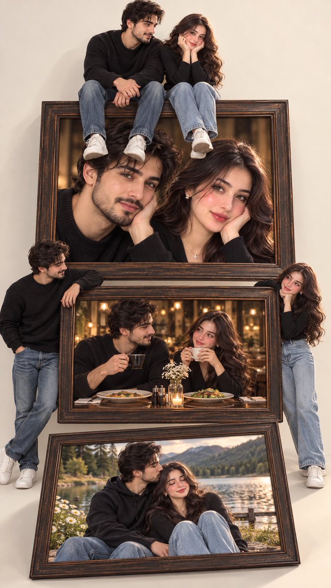 Surreal Multi-Frame Portrait of a Couple in Romantic Wooden Frames