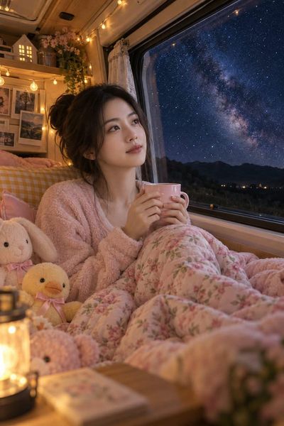 Cozy camper van night with starry Milky Way and warm fairy lights
