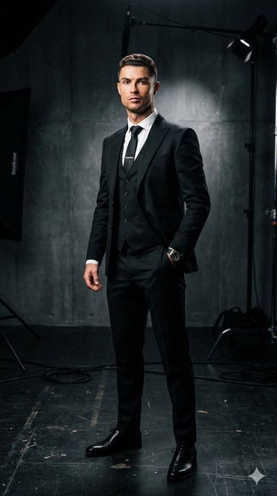 Cristiano Ronaldo poses in a sharp suit under dramatic studio lights