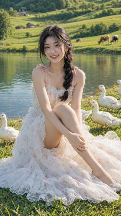 Stunning Portrait of a Woman Feeding Ducks by a Lake