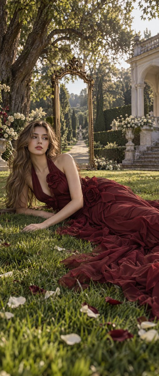 Woman in Burgundy Dress Reclines on Palace Garden Grass