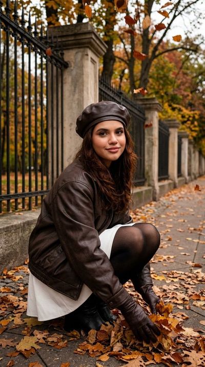 Girl in leather beret gathers autumn leaves in park portrait