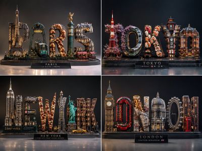 Four world-famous cities form a typographic grid in a macro studio