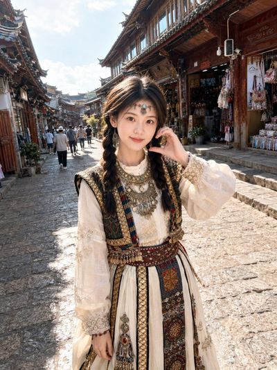 A woman in ethnic dress takes a selfie on a sunny old street