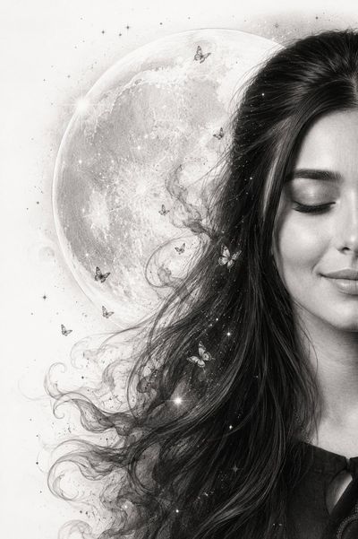 A peaceful half-face portrait dissolves into moonlit graphite butterflies