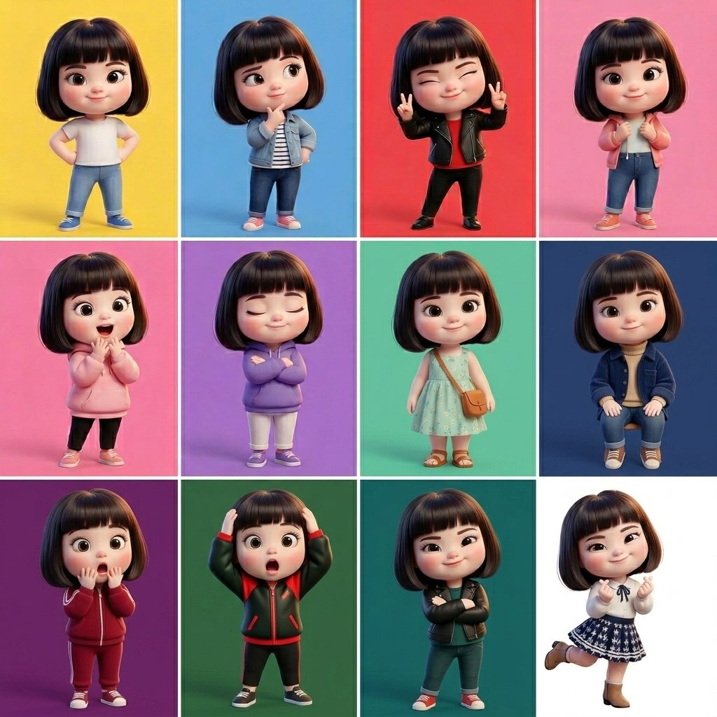 Stylized 3D doll girl showcases twelve distinct moods in character sheet