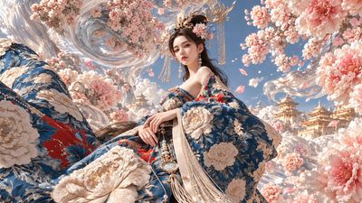 Serene Imperial Princess Reclines in a Surreal Celestial Blossom Garden