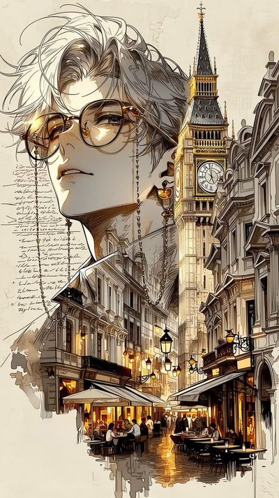 Silver-haired man in gold glasses poses by a vintage European café