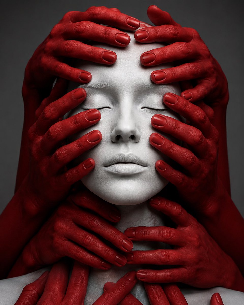 Crimson hands envelop a porcelain face in surreal symmetry