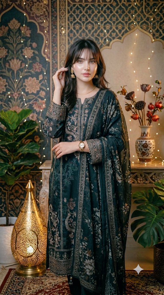 Young woman in green silk shalwar kameez stands by glowing lantern