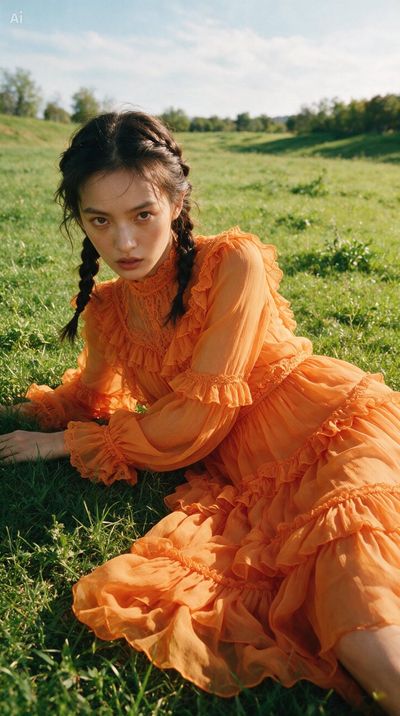 Woman in orange chiffon dress lies on green grass field
