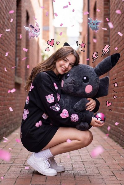 Woman in pink hoodie hugs giant Pikachu in alley