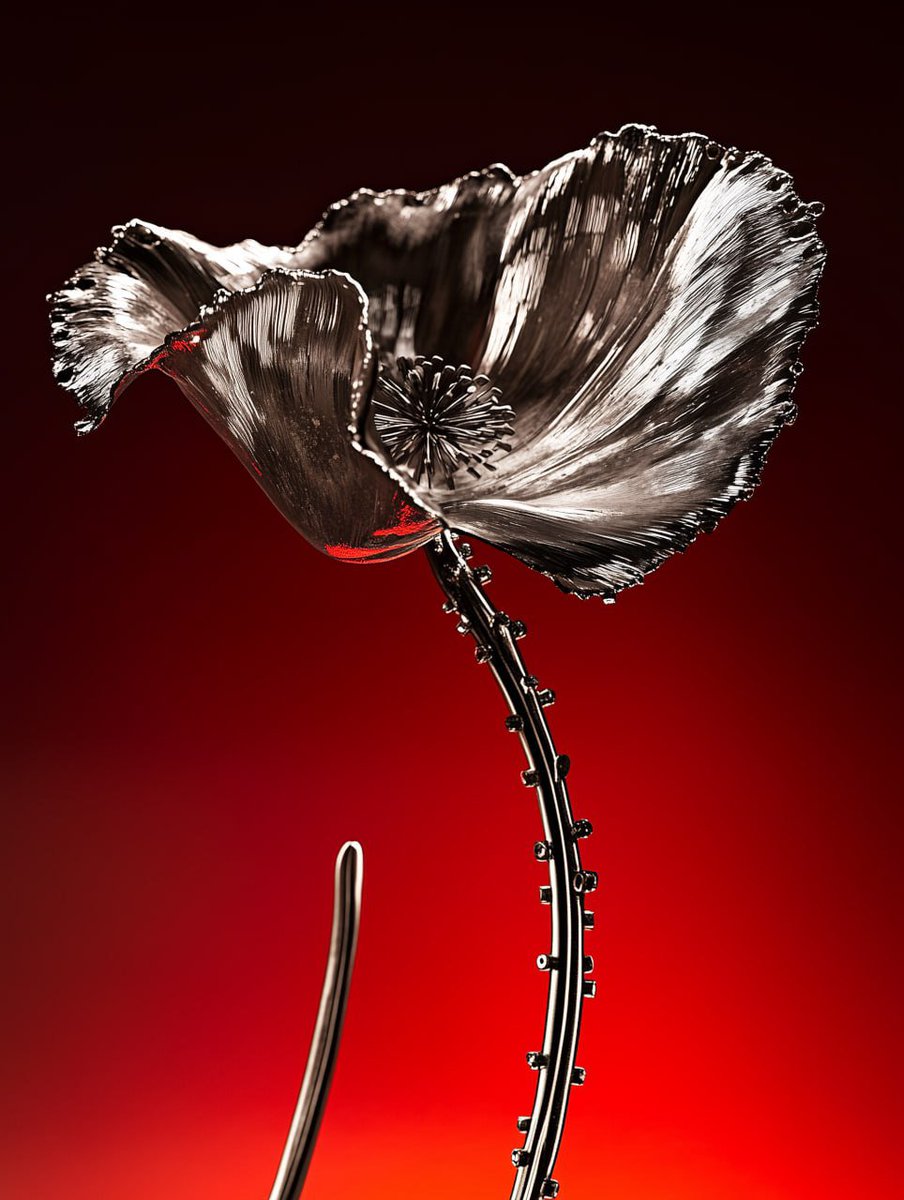 A brushed steel poppy flower glows under a dramatic spotlight.