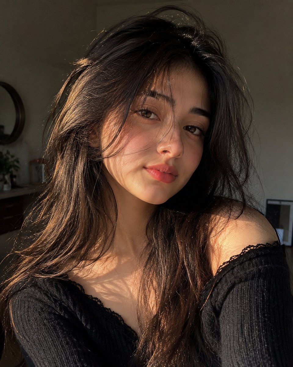 Golden hour sunlight illuminates a woman's face in a cozy bedroom