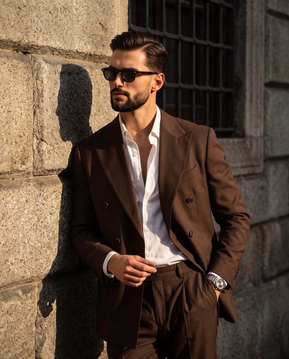 Confident man in chocolate suit leans against sunlit stone wall