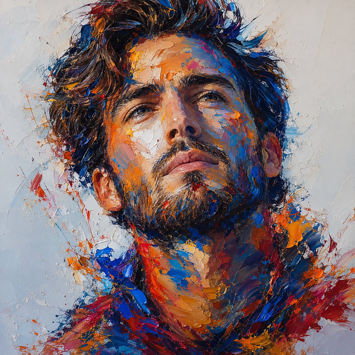 A confident young man emerges from explosive impasto brush strokes.