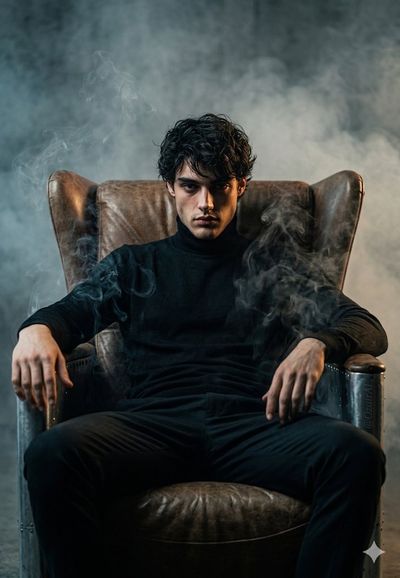 A man in a leather throne glares through dense industrial smog.