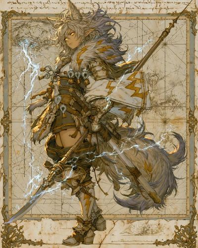 Anthropomorphic fox spirit warrior stands amid ancient celestial charts