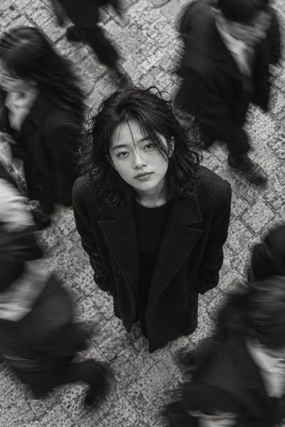 Girl stands still while blurred crowd rushes around her in monochrome
