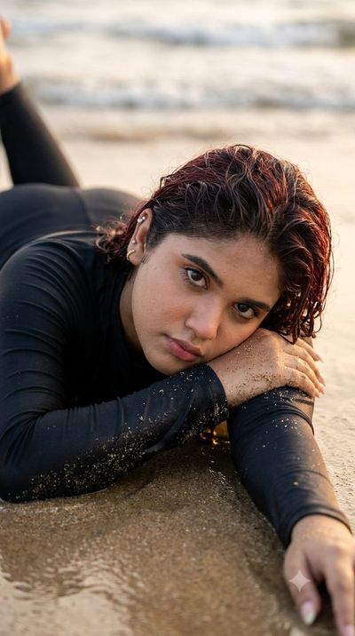 Woman with sandy hair stares intently in golden hour light
