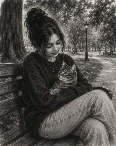 Young woman cradles her cat on a park bench in charcoal
