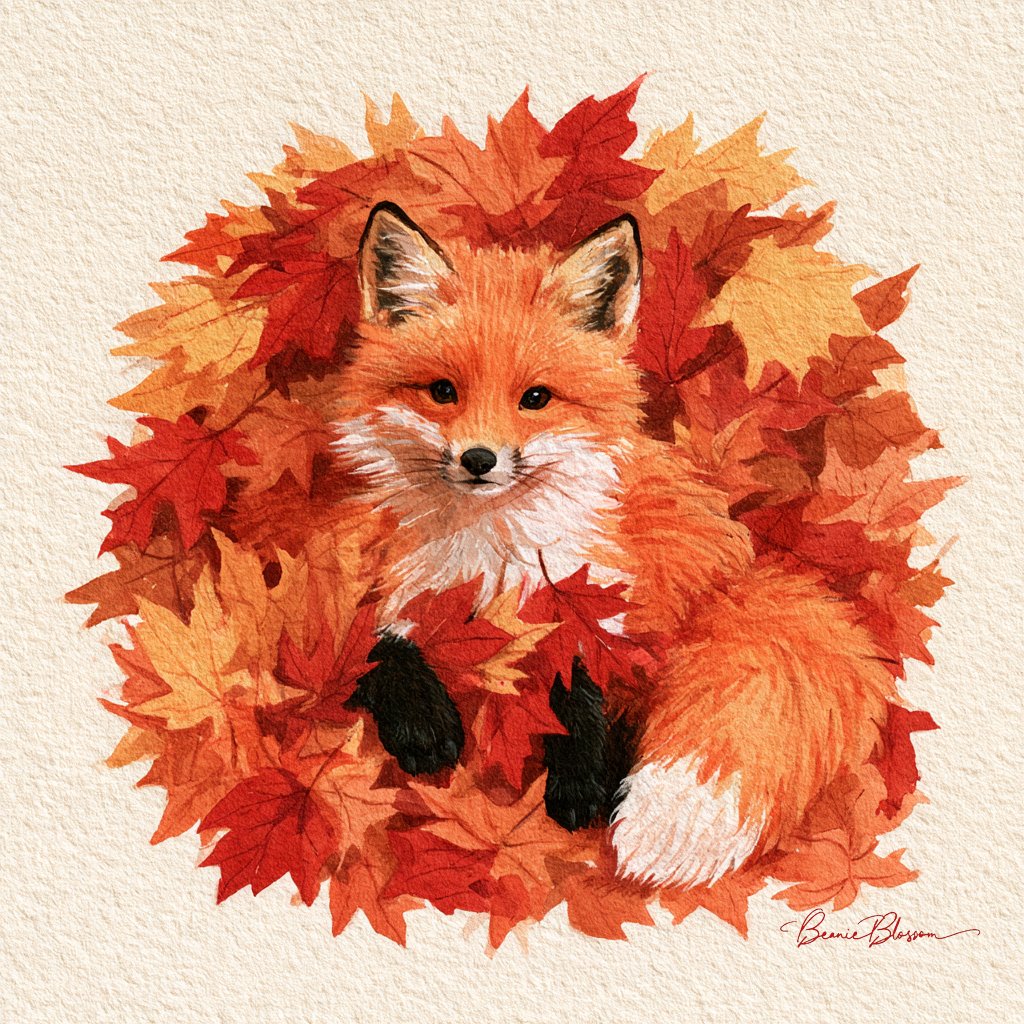 Red Fox Nestled Among Fallen Maple Leaves in Warm Watercolor