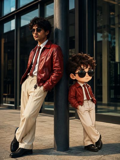 Man and chibi twin lean on pole in golden light