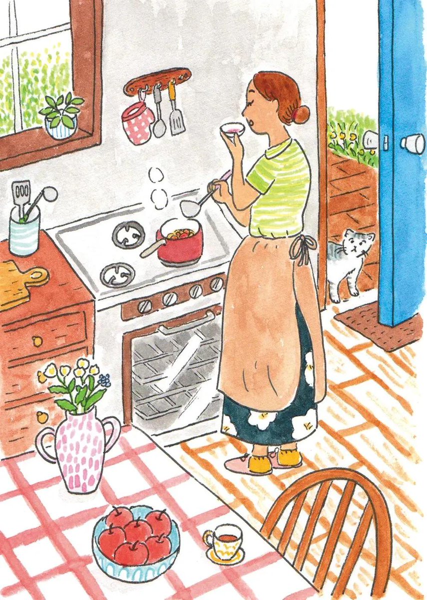 A grandmother bakes bread in a cozy vintage kitchen with her cat.