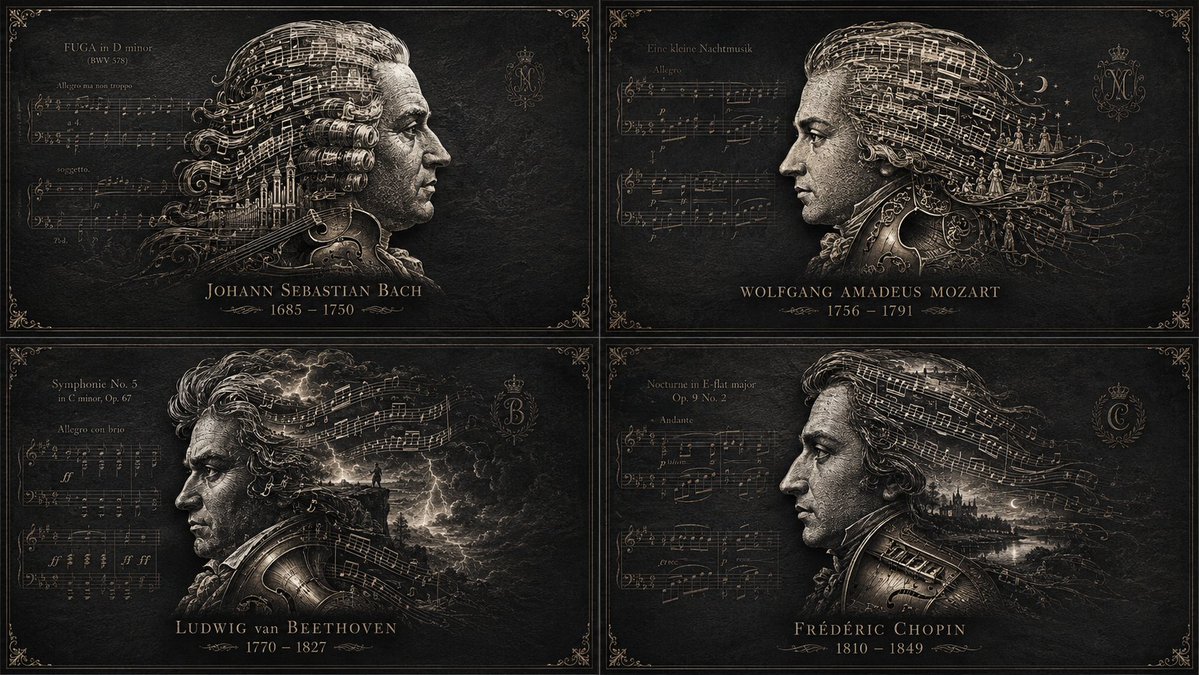 A composer's silhouette emerges from engraved musical notation.