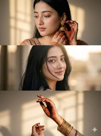 South Asian woman adjusts her jhumka earring in golden window light