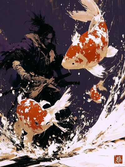 A lone samurai stands amidst splattered red ink and swirling koi