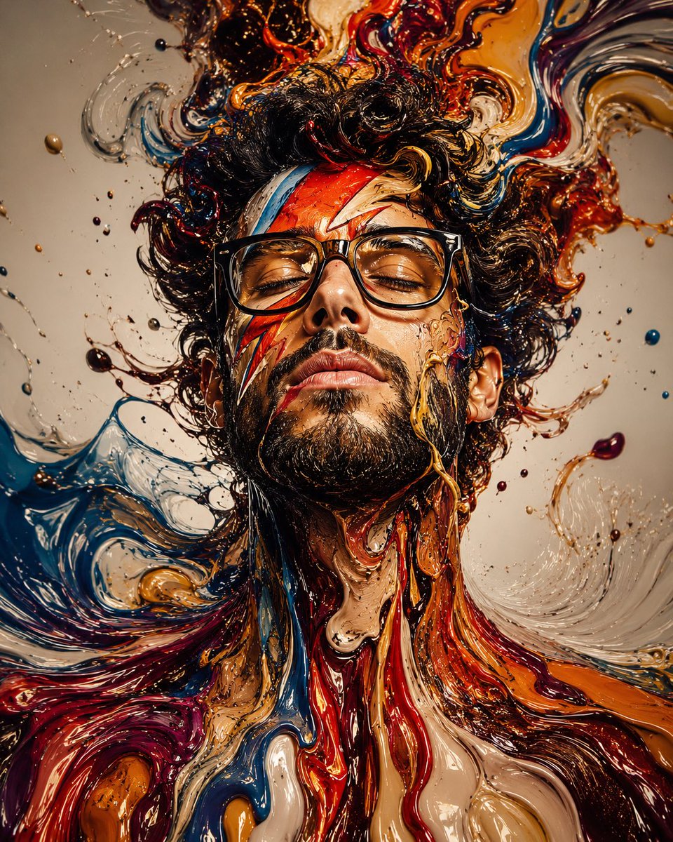 A masculine face melts into vibrant liquid paint with closed eyes