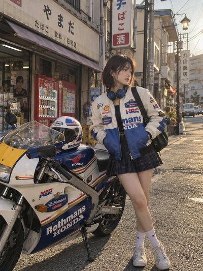 Retro Racing Muse Poses With Vintage Motorcycle In Tokyo Poster