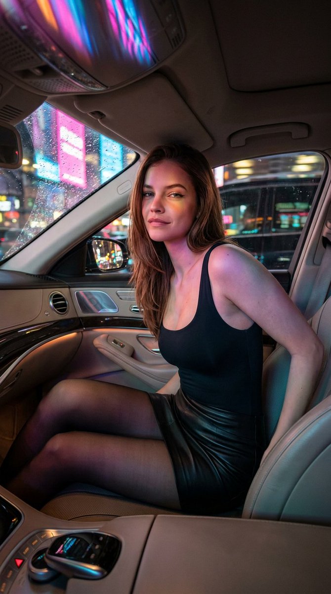 Barbara Palvin smolders in a satin slip top amid neon city lights