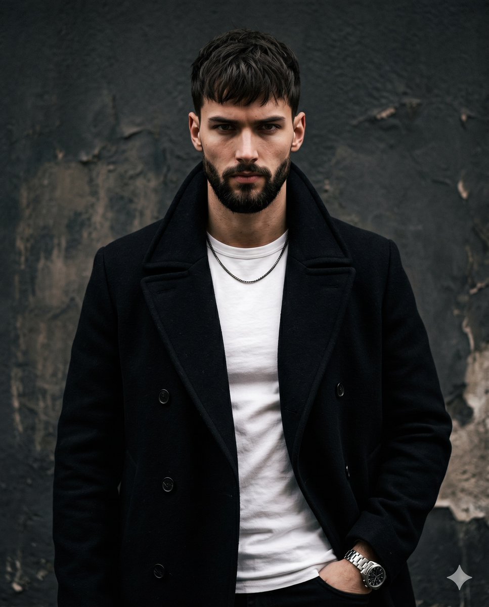 A man in a dark coat stares intently in a gritty studio