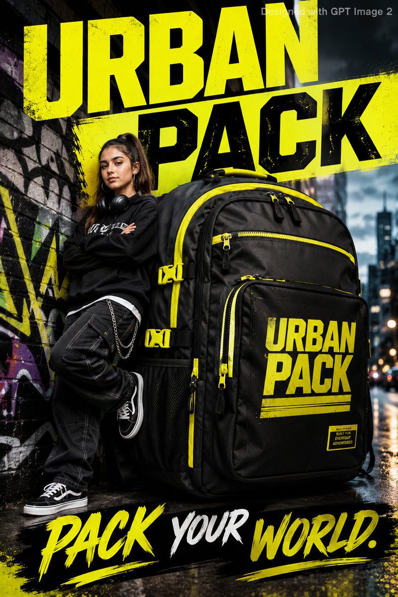 Confident teen poses beside giant neon urban backpack