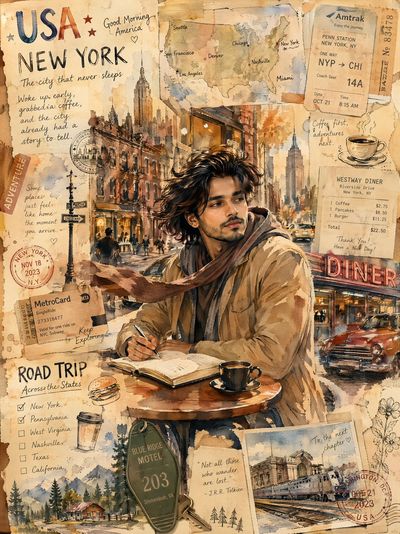 A man sketches New York streets in a vintage travel journal
