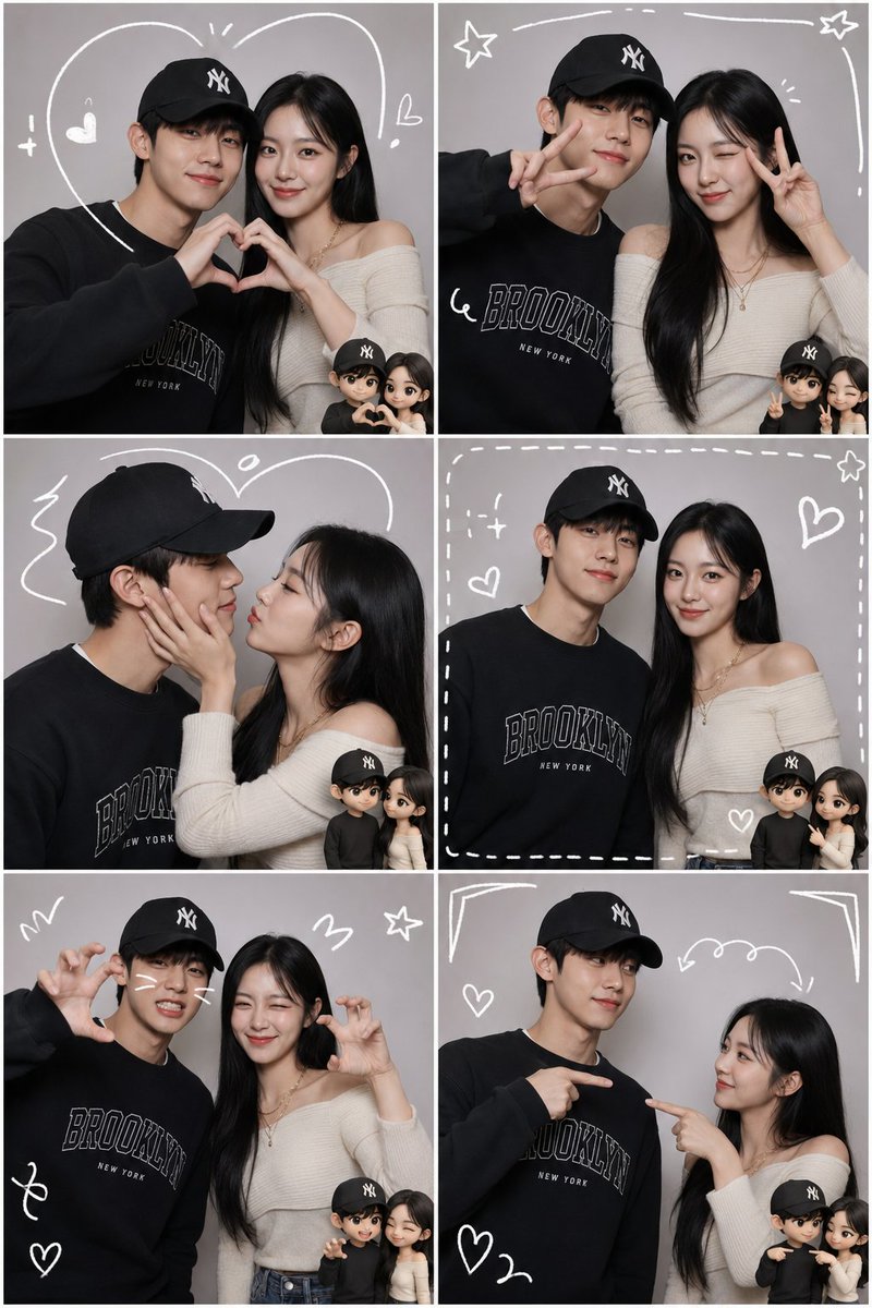 Young couple in six playful poses on gray photobooth collage